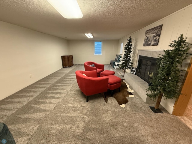 409 1st Ave E, Ada, MN 56510 - carpeted living area featuring a brick fireplace and a textured ceiling