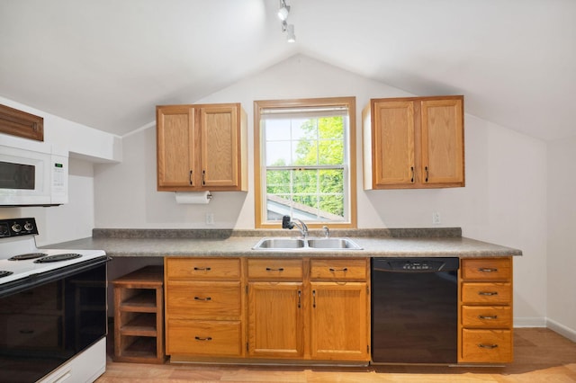 5578 Cloquet Rd, Midway Twp, MN 55810 - kitchen with dishwasher, electric range, white microwave, lofted ceiling, and track lighting