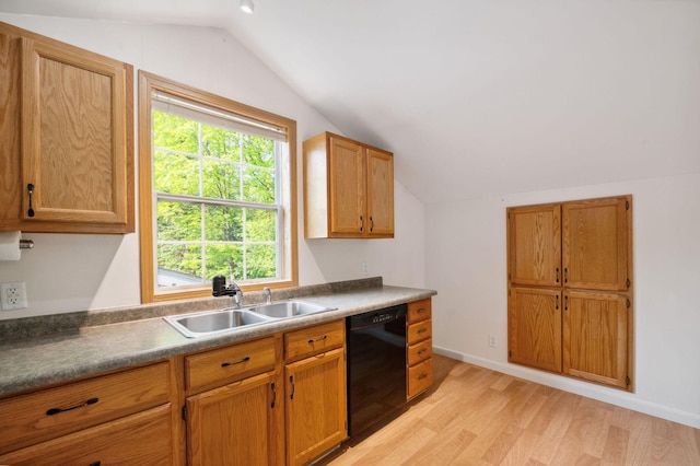 5578 Cloquet Rd, Midway Twp, MN 55810 - kitchen with dishwasher, lofted ceiling, light wood-type flooring, and brown cabinets