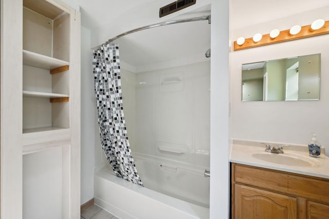 5578 Cloquet Rd, Midway Twp, MN 55810 - full bathroom featuring vanity, shower / bath combo with shower curtain, and tile patterned floors