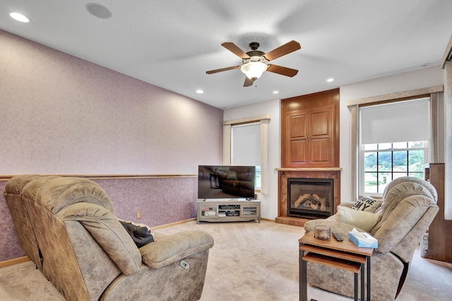 755 Hickory Way Unit 2, Lake City, MN 55041 - living area featuring light colored carpet, a ceiling fan, recessed lighting, and a glass covered fireplace