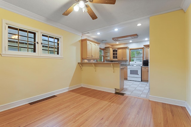 332 Riverside Dr NE, Saint Cloud, MN 56304 - kitchen featuring white gas range, a kitchen breakfast bar, a peninsula, crown molding, and a ceiling fan