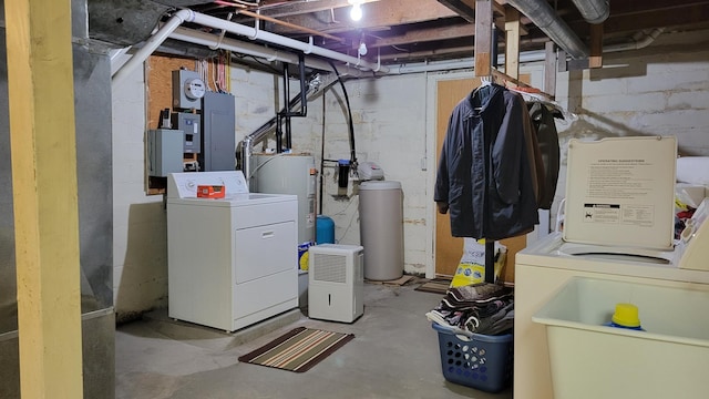 112 240th St N, Eglon Twp, MN 56549 - unfinished below grade area featuring a water softener, electric water heater, independent washer and dryer, and electric panel