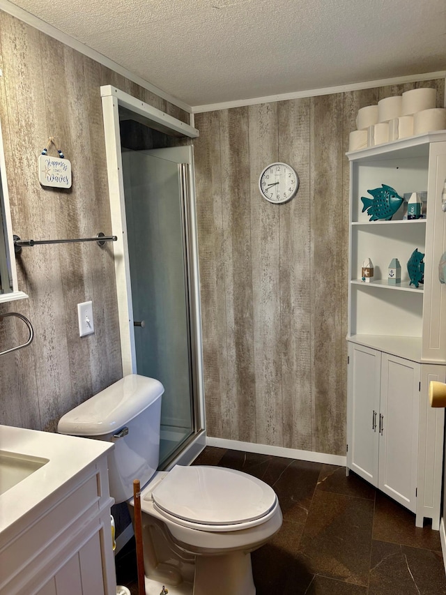 2683 22nd St NW Lot 8, Baudette, MN 56623 - bathroom with vanity, an enclosed shower, a textured ceiling, and wooden walls