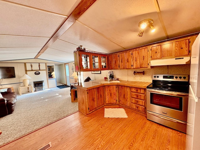 2683 22nd St NW Lot 8, Baudette, MN 56623 - kitchen featuring under cabinet range hood, electric stove, a peninsula, light wood-style flooring, and brown cabinets