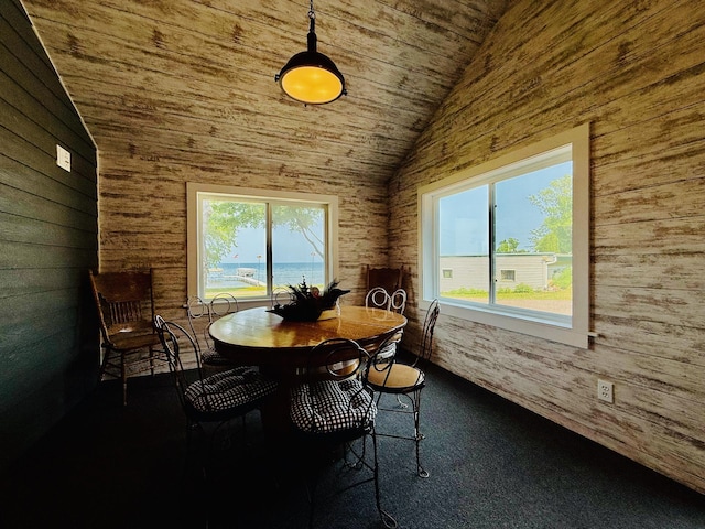 15127 Twilight Rd, Kathio Twp, MN 56359 - dining space with plenty of natural light, lofted ceiling, wood ceiling, and wood walls