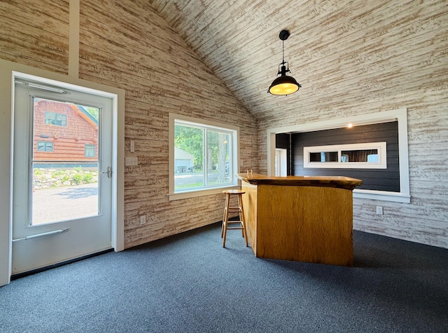 15127 Twilight Rd, Kathio Twp, MN 56359 - indoor dry bar with vaulted ceiling, wooden ceiling, carpet floors, and decorative light fixtures