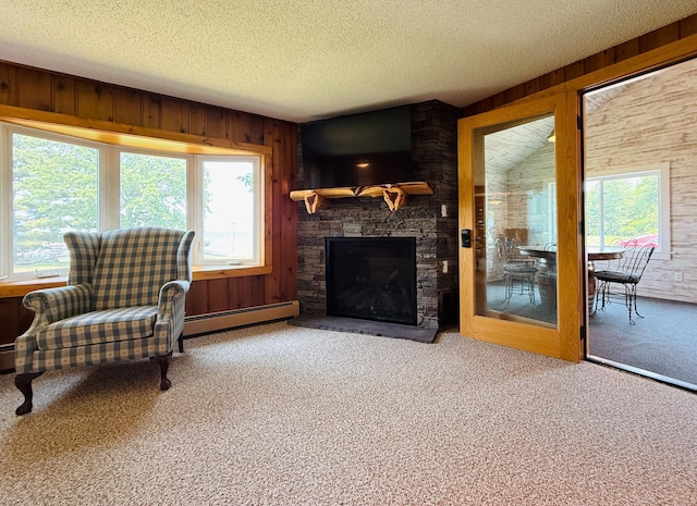 15127 Twilight Rd, Kathio Twp, MN 56359 - carpeted living room with a baseboard radiator, wood walls, a textured ceiling, and a stone fireplace