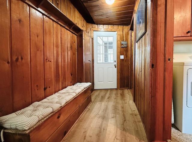 15127 Twilight Rd, Kathio Twp, MN 56359 - mudroom with wood walls, light wood finished floors, washer / dryer, and wooden ceiling