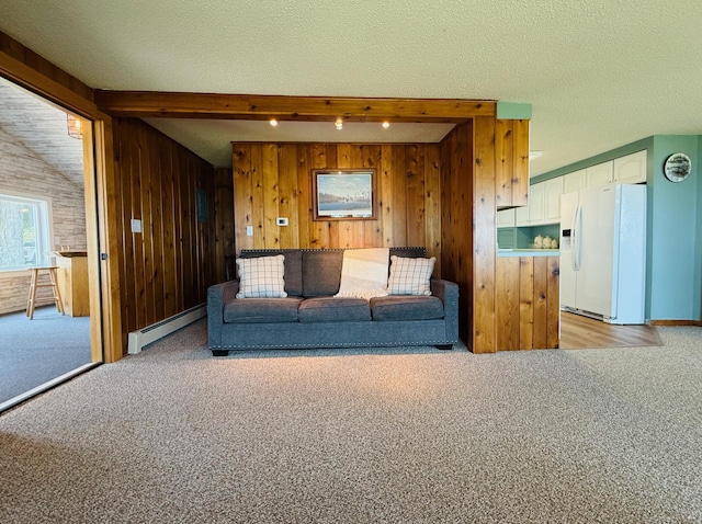 15127 Twilight Rd, Kathio Twp, MN 56359 - living room featuring a baseboard heating unit, light carpet, and wooden walls