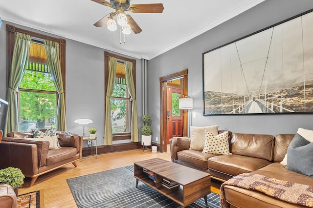 737 5th St E, Saint Paul, MN 55106 - living area with ceiling fan, ornamental molding, wood finished floors, and healthy amount of natural light