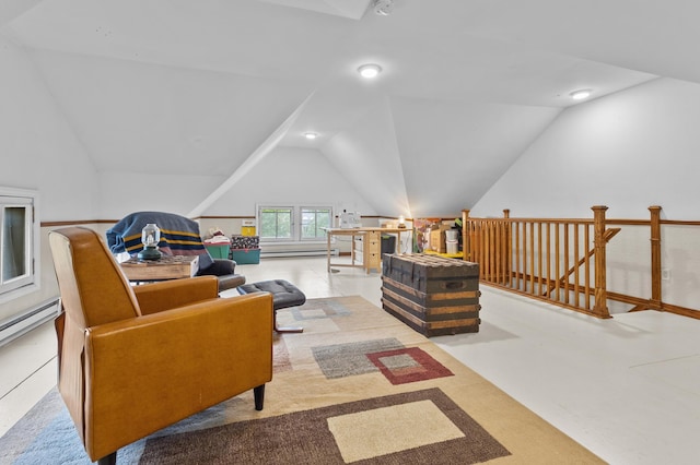737 5th St E, Saint Paul, MN 55106 - living room with vaulted ceiling, a baseboard heating unit, and recessed lighting