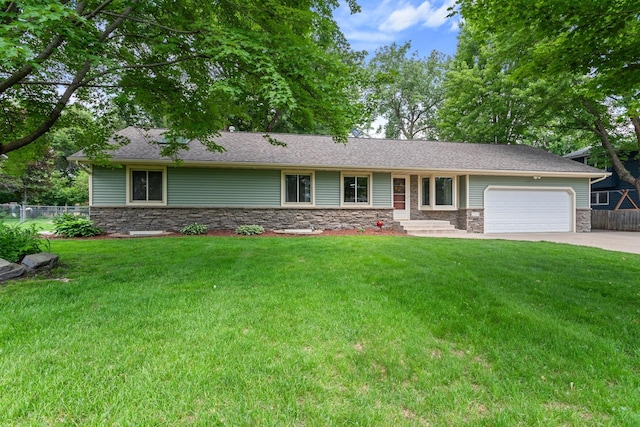2131 111th Ln NW, Coon Rapids, MN 55433 - ranch-style home with an attached garage, stone siding, and driveway