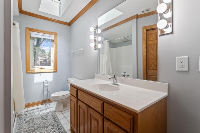 2131 111th Ln NW, Coon Rapids, MN 55433 - full bath featuring a skylight, vanity, a shower with shower curtain, crown molding, and tile patterned floors