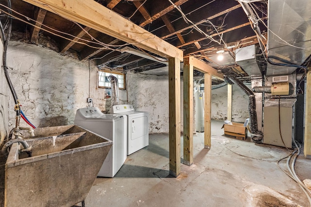 984 Iglehart Ave, Saint Paul, MN 55104 - below grade area featuring washing machine and clothes dryer, gas water heater, and heating unit