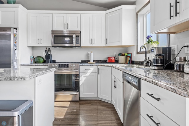 3364 27th St S, Moorhead, MN 56560 - kitchen with stainless steel appliances, white cabinets, light stone counters, dark wood-style flooring, and lofted ceiling