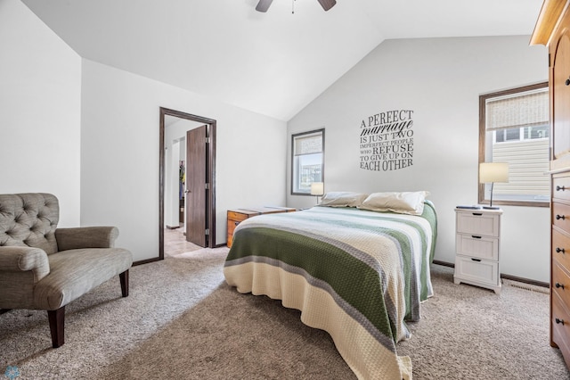 3364 27th St S, Moorhead, MN 56560 - bedroom with light colored carpet, lofted ceiling, and ceiling fan
