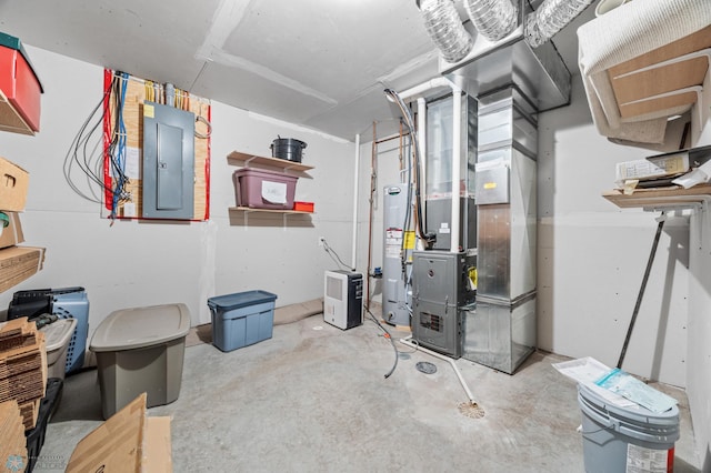 3364 27th St S, Moorhead, MN 56560 - unfinished basement featuring electric panel, water heater, and heating unit