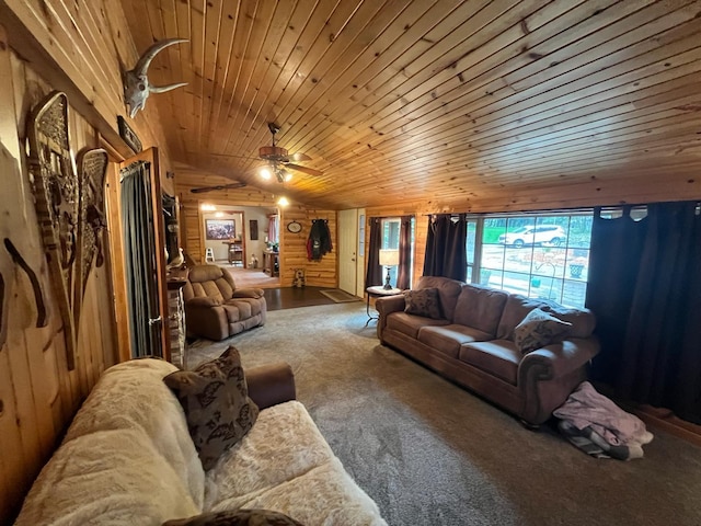 5940 150th Ave NE, New London Twp, MN 56288 - carpeted living room featuring wood ceiling, a ceiling fan, and wood walls