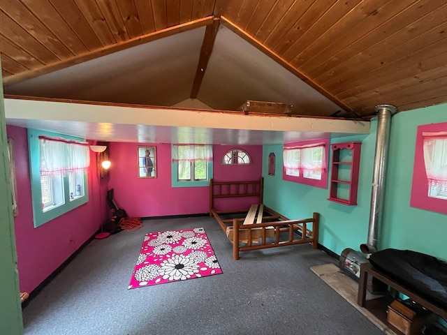 5940 150th Ave NE, New London Twp, MN 56288 - game room with vaulted ceiling, wooden ceiling, healthy amount of natural light, and carpet floors