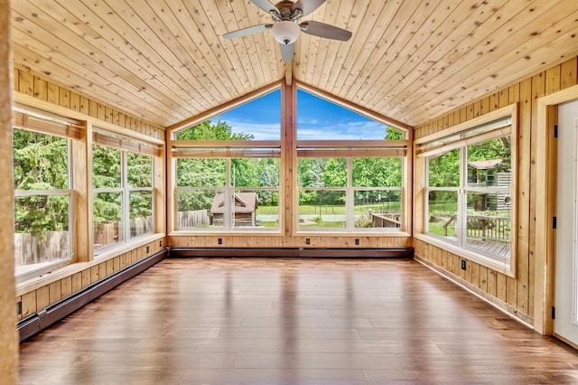 101 Sunset Dr S, Minnetonka, MN 55305 - unfurnished sunroom with lofted ceiling, hardwood / wood-style flooring, wooden walls, healthy amount of natural light, and baseboard heating