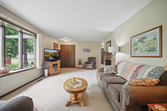 20128 554th St, Concord Twp, MN 55985 - living area with a brick fireplace and carpet flooring