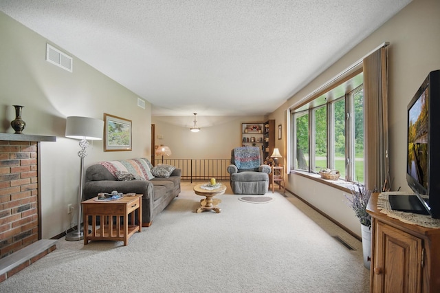 20128 554th St, Concord Twp, MN 55985 - carpeted living area with a textured ceiling and baseboards
