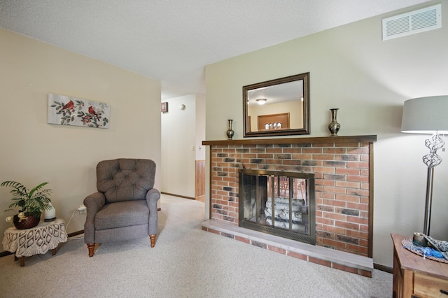 20128 554th St, Concord Twp, MN 55985 - carpeted living area with a brick fireplace and baseboards