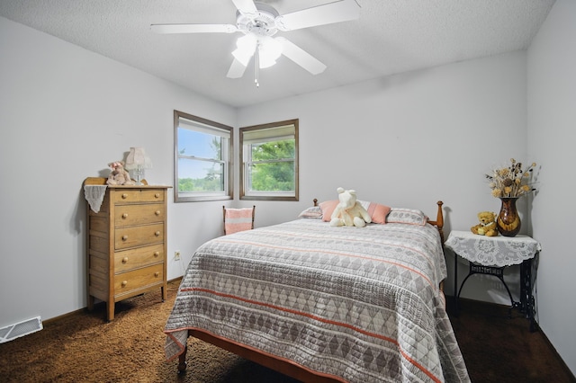 20128 554th St, Concord Twp, MN 55985 - carpeted bedroom featuring ceiling fan and a textured ceiling