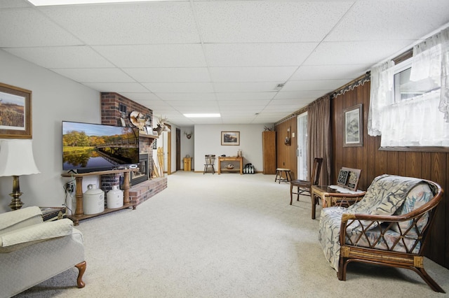 20128 554th St, Concord Twp, MN 55985 - carpeted living area with a paneled ceiling, a fireplace, and wood walls