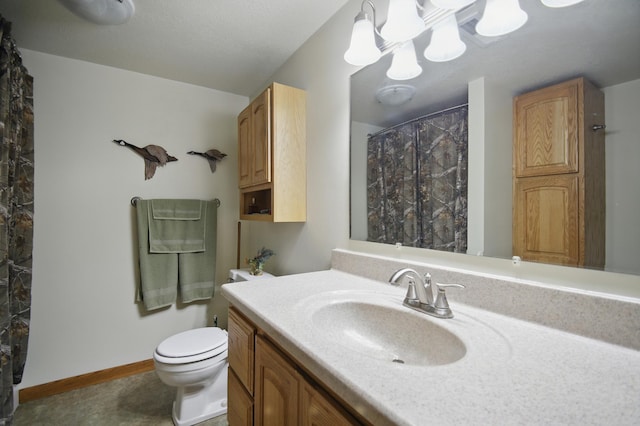 20128 554th St, Concord Twp, MN 55985 - full bathroom with vanity, a shower with curtain, and a chandelier
