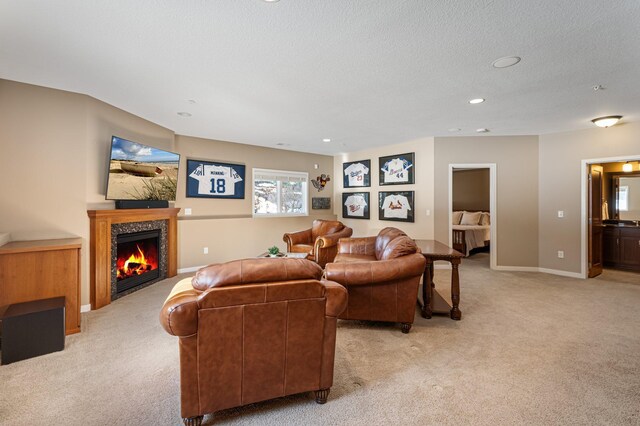 17365 Hanson Ct, Eden Prairie, MN 55347 - living area with light carpet, a fireplace, recessed lighting, and a textured ceiling