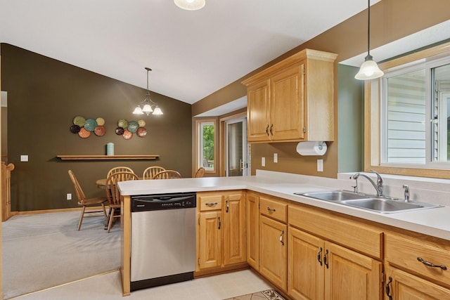 22087 Jasmine Way, Rogers, MN 55374 - kitchen with stainless steel dishwasher, vaulted ceiling, light countertops, decorative light fixtures, and a peninsula