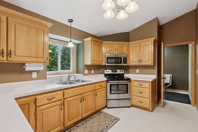 22087 Jasmine Way, Rogers, MN 55374 - kitchen featuring appliances with stainless steel finishes, vaulted ceiling, light countertops, decorative light fixtures, and a chandelier