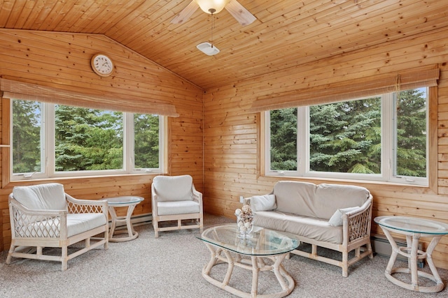 22087 Jasmine Way, Rogers, MN 55374 - living room featuring vaulted ceiling, wood walls, ceiling fan, wooden ceiling, and carpet