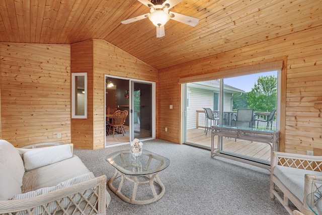 22087 Jasmine Way, Rogers, MN 55374 - living room with wood walls, vaulted ceiling, carpet flooring, ceiling fan, and wooden ceiling
