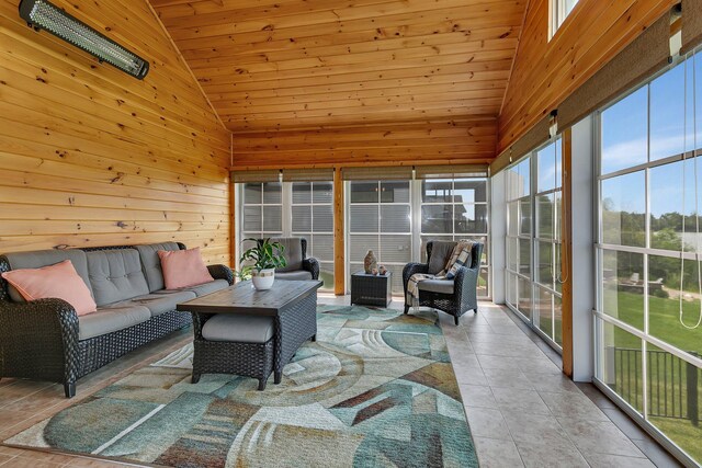 1301 20th Ave S, Sartell, MN 56377 - sunroom featuring wooden walls, high vaulted ceiling, wooden ceiling, and tile patterned flooring