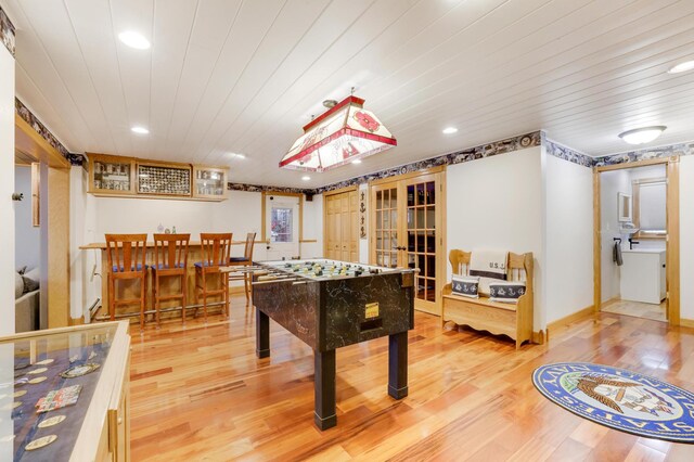 108 1st St, Kenyon, MN 55946 - game room featuring french doors, recessed lighting, light wood-style flooring, wood ceiling, and baseboards
