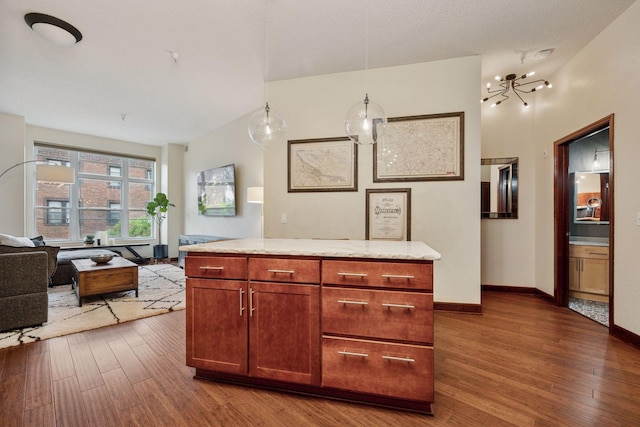 308 18th St Unit 202, Minneapolis, MN 55404 - kitchen with dark wood finished floors, open floor plan, and decorative light fixtures