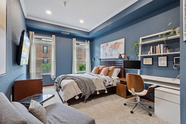 308 18th St Unit 202, Minneapolis, MN 55404 - carpeted bedroom with crown molding, an office area, a textured ceiling, recessed lighting, and a raised ceiling