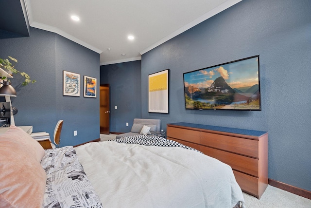 308 18th St Unit 202, Minneapolis, MN 55404 - bedroom featuring carpet, ornamental molding, a textured wall, and recessed lighting