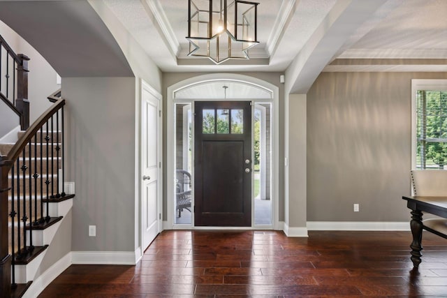 3365 Osgood Way N, Baytown Twp, MN 55082 - entryway featuring hardwood / wood-style floors, stairs, a chandelier, a textured ceiling, and ornamental molding
