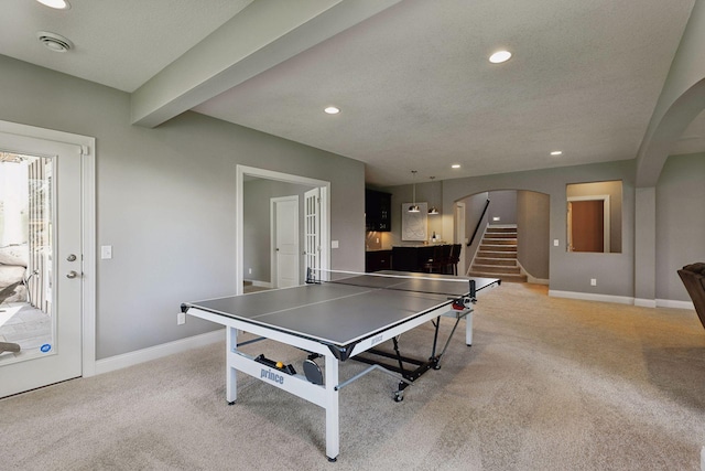 3365 Osgood Way N, Baytown Twp, MN 55082 - game room featuring arched walkways, light colored carpet, and recessed lighting
