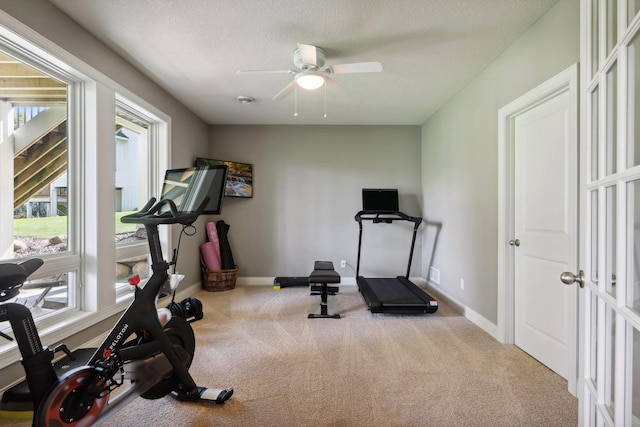 3365 Osgood Way N, Baytown Twp, MN 55082 - exercise room with carpet, ceiling fan, and a textured ceiling