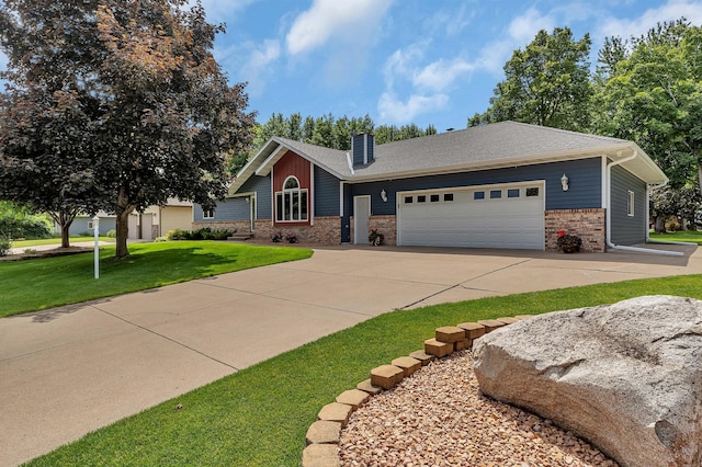 1213 4 1/2 Ave N, Sauk Rapids, MN 56379 - view of front of home featuring brick siding, concrete driveway, a garage, a front yard, and a chimney