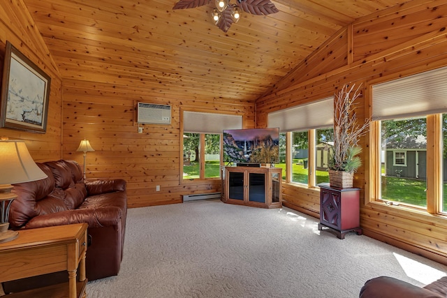 1213 4 1/2 Ave N, Sauk Rapids, MN 56379 - living area featuring lofted ceiling, a wall mounted AC, wooden walls, light colored carpet, and ceiling fan