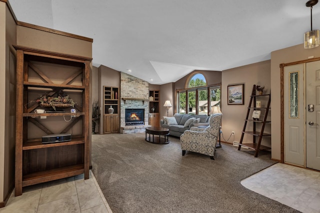 1213 4 1/2 Ave N, Sauk Rapids, MN 56379 - living area with lofted ceiling, a brick fireplace, and light colored carpet