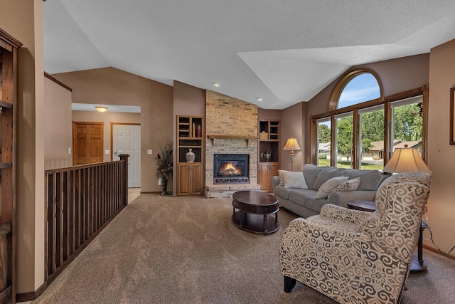 1213 4 1/2 Ave N, Sauk Rapids, MN 56379 - carpeted living room with lofted ceiling, a brick fireplace, and built in features