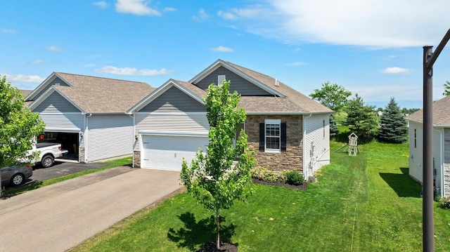 256 16th Ave SE, Lonsdale, MN 55046 - view of front of house with stone siding, asphalt driveway, a front yard, a garage, and a shingled roof