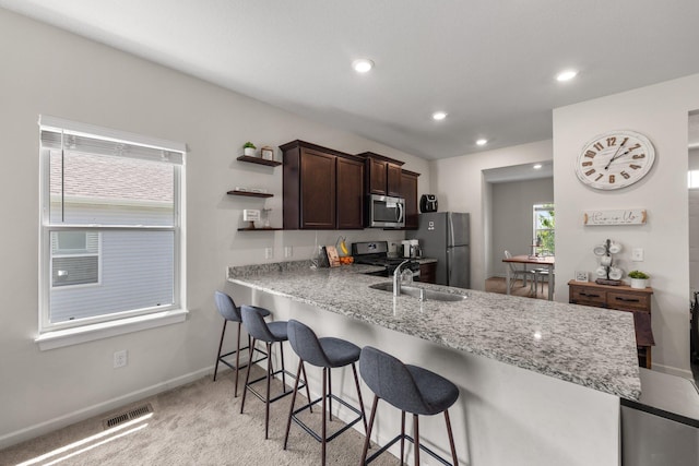 256 16th Ave SE, Lonsdale, MN 55046 - kitchen with stainless steel appliances, dark brown cabinetry, light stone counters, a breakfast bar, and recessed lighting